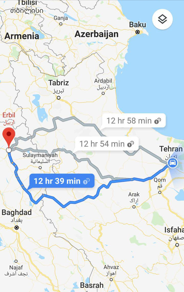 مسافت و مدت زمان سفر زمینی از تهران به اربیل عراق و مسیر حرکت اتوبوس از تهران به اربیل